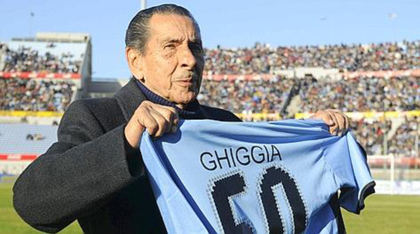 File photo of former Uruguayan soccer player Alcides Edgardo Ghiggia walking across the field of Centenario Stadium in Montevideo