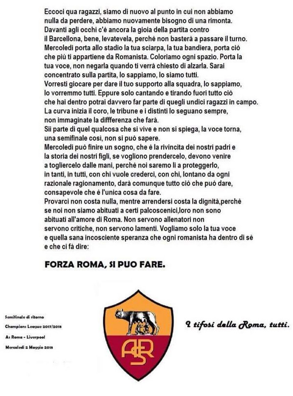 lettera tifosi roma