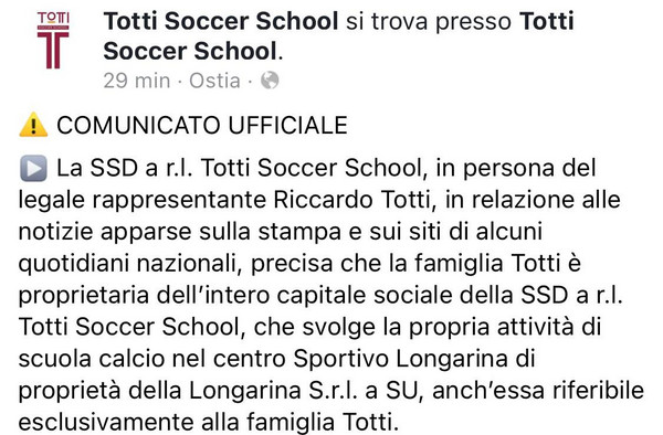 totti soccer school comunicato